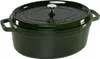A dark green Staub oval cast iron pot with a silver knob on its lid, set against a white background. Náhled obrázku produktu