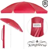 A collage of images showing a red umbrella, its carrying case, and a close-up of its branding. Produktbild-Vorschau