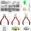 A collage of images showing a jewelry making kit with various tools and findings, along with size measurements. Produktbild-Vorschau