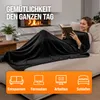 A woman is reading a book under a black blanket on a couch, with a fireplace in the background and icons representing relaxation, TV, work, and sleep at the bottom. Produktbild-Vorschau