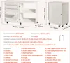 A white sewing table with dimensions and accessory details. Voir les images du produit