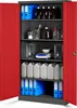 A metal cabinet with red doors opened, revealing shelves filled with laboratory equipment and supplies. Voir les images du produit
