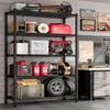 A multi-shelf storage unit filled with various items commonly found in a garage or workshop. Produktbild-Vorschau
