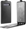 A black flip case for a Samsung Galaxy S10 phone is shown, with the phone inside the case and the case open. Produktbild-Vorschau