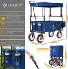 A blue foldable wagon with a canopy, shown with dimensions and material information. Also includes a smaller image of the wagon folded. Produktbild-Vorschau