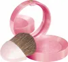 A pink blush compact with an open lid and a brush. Podgląd zdjęcia produktu