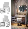 A collage of a white vanity table with LED lights and a stool, shown from different angles and in a lifestyle setting. Voir les images du produit