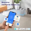 A hand holding a smartphone displaying an air purifier app, with the air purifier and a cat in the background. Produktbild-Vorschau