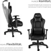 A split image showing a black gaming chair from two different angles, with descriptive text and a brand logo. Produktbild-Vorschau
