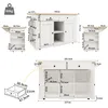 A collage of diagrams and images showing the dimensions and details of a white kitchen island with a wooden top. Produktbild-Vorschau