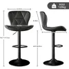 Two views of a black bar stool with dimensions indicated by lines and text. Produktbild-Vorschau