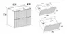 A diagram illustrating the dimensions of a bathroom vanity with two drawers, along with exploded views of the drawers themselves. Produktbild-Vorschau
