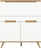 A white and wood cabinet with wooden handles and legs, shown from the front. Anteprima dell’immagine prodotto