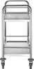 A stainless steel serving trolley with two shelves and wheels. Produktbild-Vorschau
