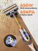 A cordless vacuum cleaner is shown in action, with text overlays highlighting its power and features. A close-up diagram of the motor is also visible. Podgląd zdjęcia produktu