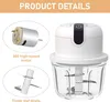 Product details for an electric vegetable chopper, showing its motor and blade components. Produktbild-Vorschau