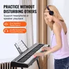 A woman is playing a digital piano with headphones on, while text overlays highlight features. Náhled obrázku produktu