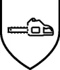 A black and white outline drawing of a chainsaw inside a shield shape. Produktbild-Vorschau