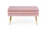 A pink upholstered bench with gold legs is shown against a white background. Náhľad obrázku produktu