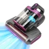 A close-up, angled view of a handheld mite vacuum cleaner with a transparent dustbin and purple accents, set against a white background. Blue light streaks emanate from the cleaning head, suggesting suction power. Produktbild-Vorschau
