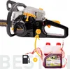 A chainsaw with a diagram showing how to add fuel and oil. Produktbild-Vorschau
