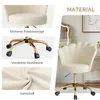 A collage of images showing details of a beige office chair with a gold base and wheels, and a larger image of the chair in a room setting. Voir les images du produit