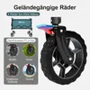 A close-up of a wheel and a diagram showing different terrains the product can handle. Produktbild-Vorschau