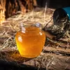 A jar of honey sits on a wooden surface surrounded by hay, with a blue bucket in the background. Anteprima dell’immagine prodotto