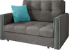 A studio shot of a gray sofa with a teal pillow.
