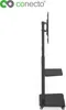 A black TV stand with a screen mounted on it, shown from the side against a white background. Produktbild-Vorschau
