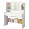A white vanity table with a lighted mirror and shelves, displaying makeup and decorative items. Náhled obrázku produktu