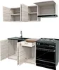 A 3D rendering of a kitchen set, showing upper cabinets with a range hood and lower cabinets with a sink and stove. Produktbild-Vorschau
