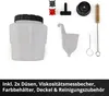 A collection of parts for a paint sprayer, including a paint container, a funnel, cleaning tools, and various nozzles and caps. Produktbild-Vorschau
