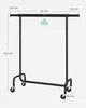 A black metal clothing rack with wheels is shown against a light gray background, with dimensions indicated by measurement lines and text. Produktbild-Vorschau