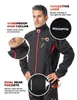 A man wearing a black and red jacket, with callouts highlighting its features. Podgląd zdjęcia produktu