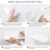 Collage showing the step-by-step installation of a white shelf using adhesive. Voir les images du produit