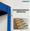 A close-up of a blue metal shelf bracket with yellow wall plugs and screws shown in a separate inset box. The background is a textured white wall. Anteprima dell’immagine prodotto