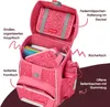 An open pink school backpack with various compartments and items inside, with text labels pointing to different features. Anteprima dell’immagine prodotto