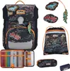 A collage of a school backpack set including a backpack, a drawstring bag, a pencil case, and a pencil case with contents. Voir les images du produit