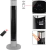 A collage showing a black and silver tower fan from multiple angles, including a close-up of its control panel and a remote control. Voir les images du produit