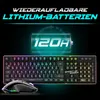 A gaming keyboard and mouse set with RGB lighting, presented against a dark background with promotional text and a battery graphic. Produktbild-Vorschau