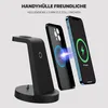 A black wireless charging stand is shown next to a phone case and a smartphone, illustrating wireless charging compatibility. Produktbild-Vorschau