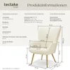 A diagram showing the dimensions of a cream-colored armchair, with accompanying text detailing specifications. Náhled obrázku produktu