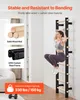 A woman is using a wall-mounted gym ladder. The image also includes close-ups of the product's materials and a weight capacity indicator. Produktbild-Vorschau