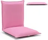 A pink floor cushion with a raised back, shown from a front-facing angle and a side-facing angle from above.