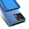 A close-up view of the back of a blue smartphone with a clear view flip case. Produktbild-Vorschau