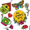 A collection of colorful illustrations related to gardening and nature, including a birdhouse, butterfly, watering can, flowers, ladybug, and a daisy. Podgląd zdjęcia produktu