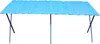 A blue folding table with metal legs on a white background. Produktbild-Vorschau