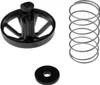 Three product components are arranged against a white background: a black plastic fastener on the left, a coiled spring in the upper right, and a small black washer at the bottom. Produktbild-Vorschau