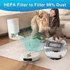 A woman is sitting on the floor with her dog, while a robot vacuum cleaner is shown cleaning the floor. A close-up inset shows a HEPA filter being inserted into the robot vacuum. Produktbild-Vorschau